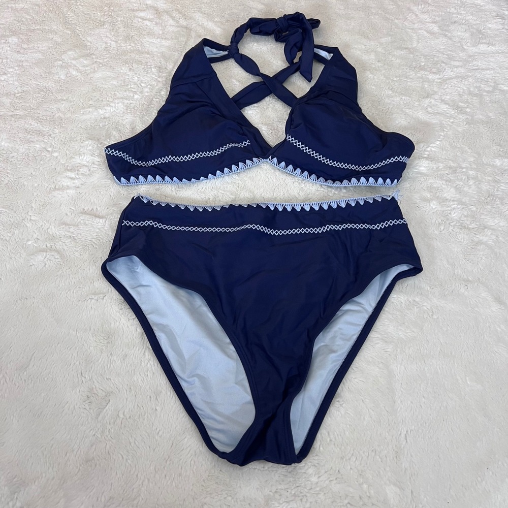 Navy Blue Embroidered High Waisted Two Piece Bikini‎ Set Halter Neck Swimsuit